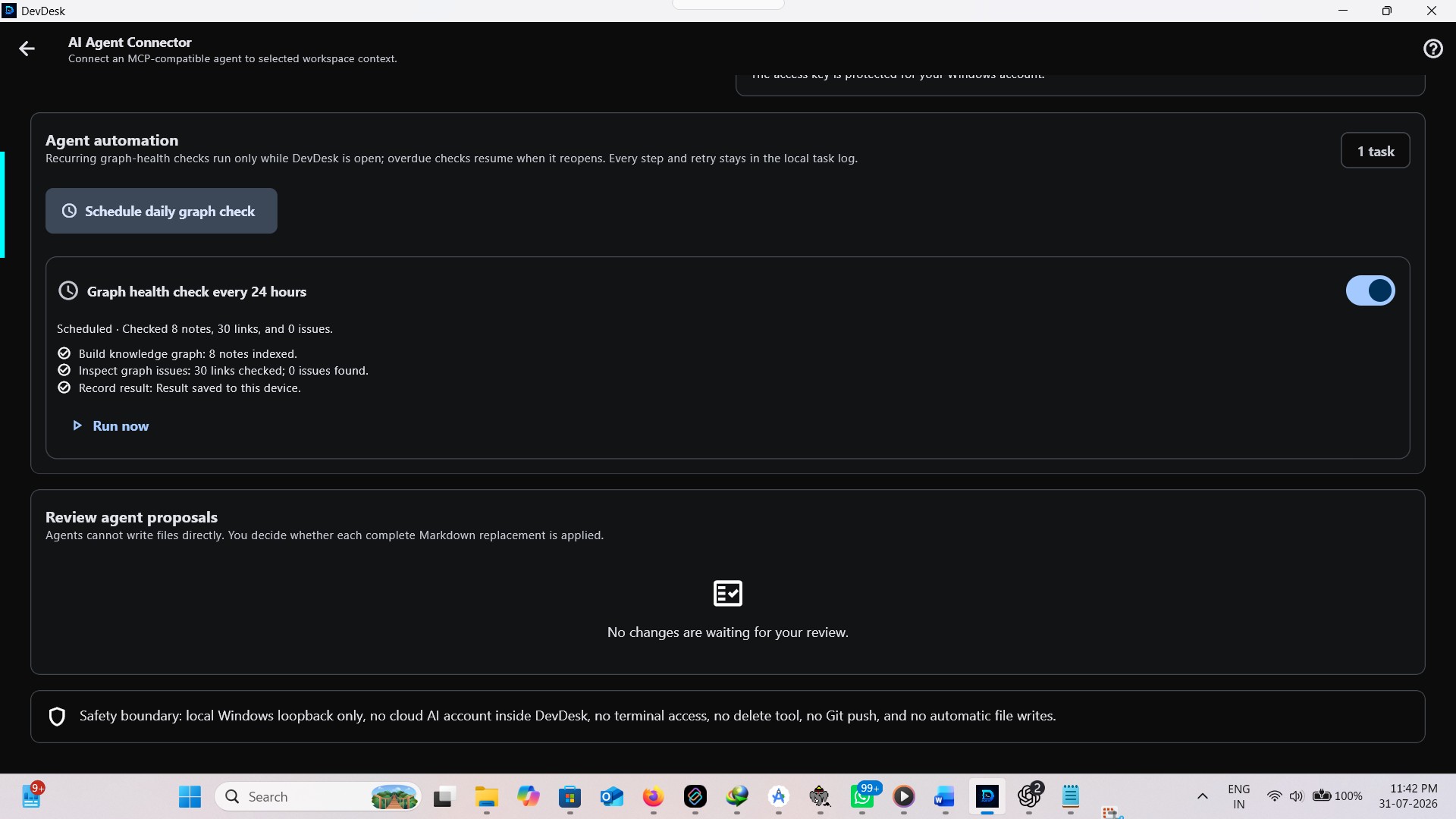 DevDesk Agent automation page showing a successful scheduled graph health check