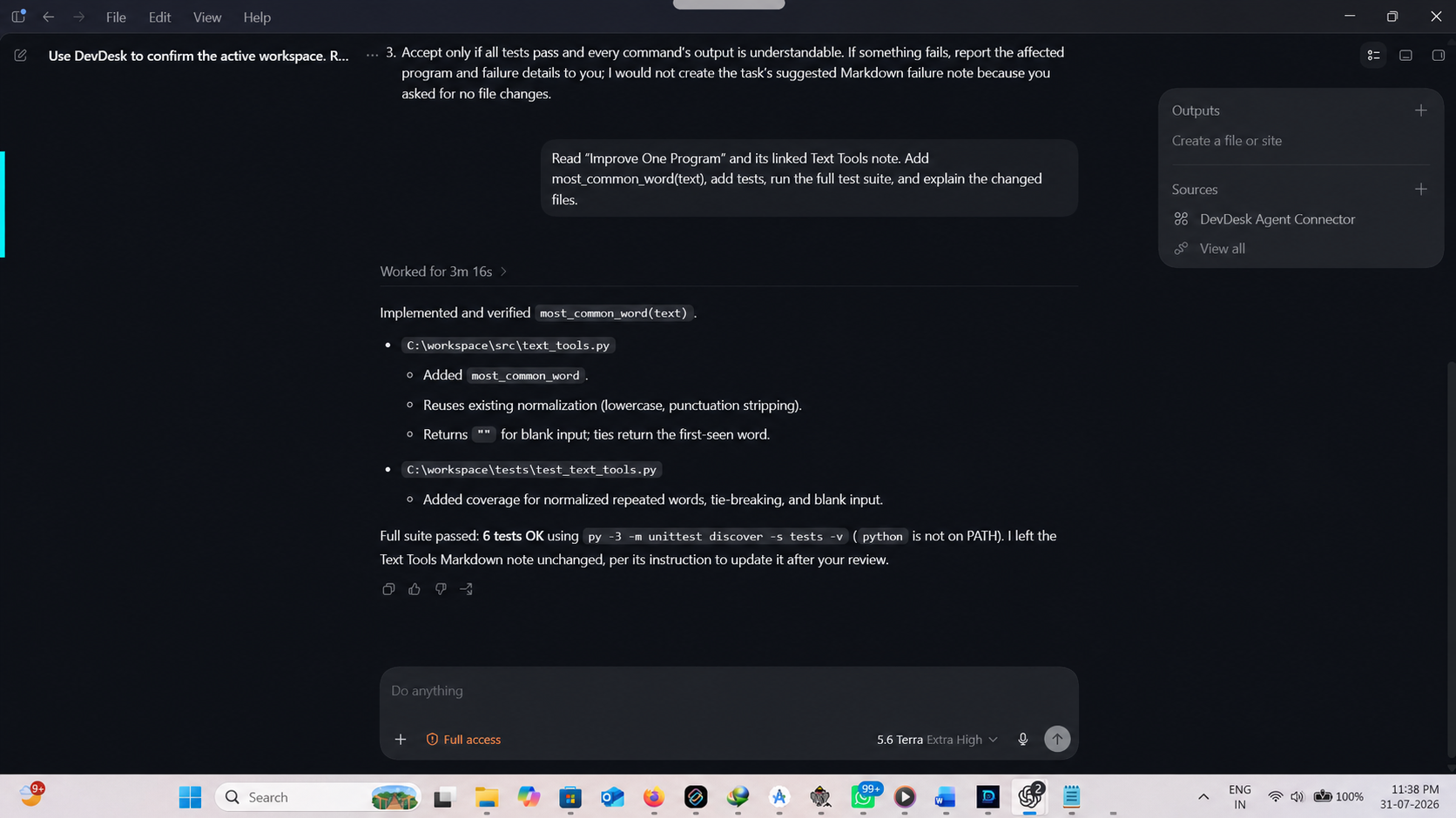 Codex result showing a small Python feature added and all tests passing for a DevDesk workspace