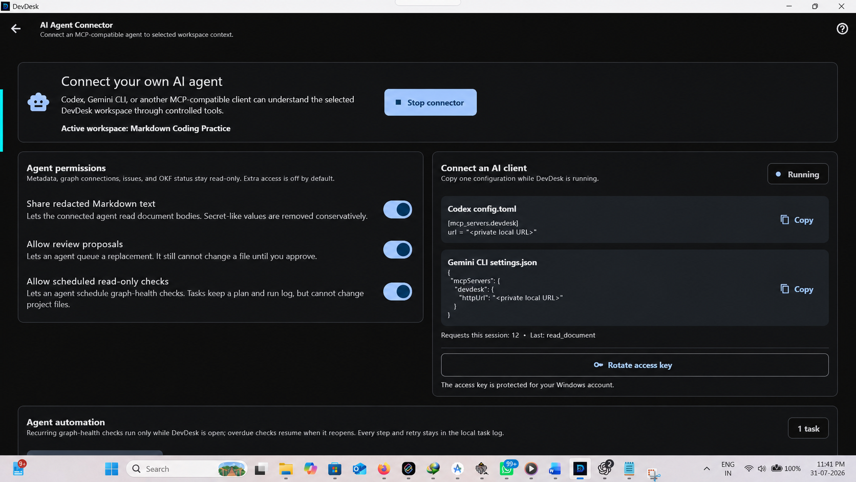 DevDesk AI Agent Connector page showing Codex and Gemini CLI configuration options with private addresses redacted