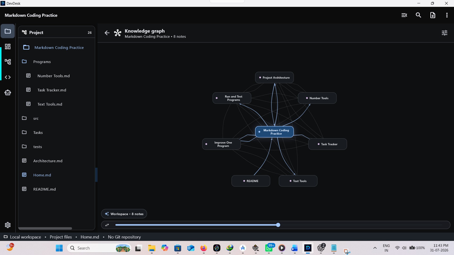 DevDesk Knowledge graph showing linked planning notes, tasks, and code context